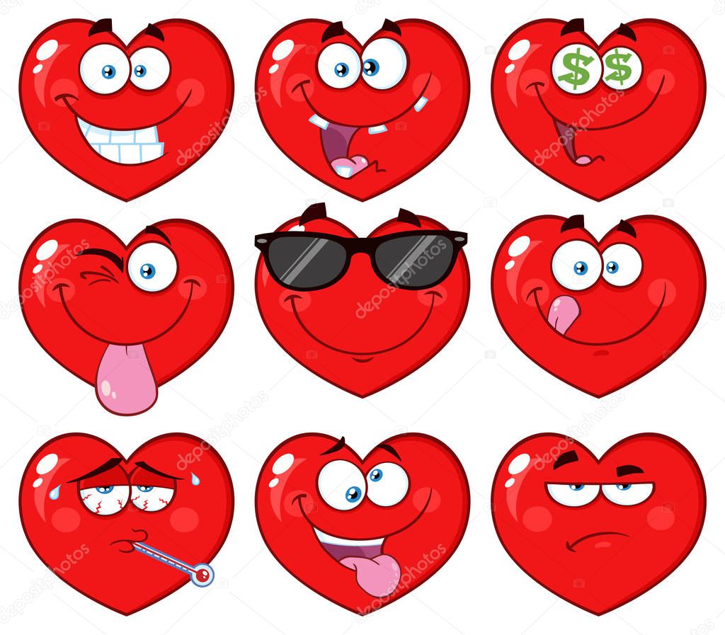 Red Heart Cartoon Emoji Face Character. Vector Collection Isolated On White Background