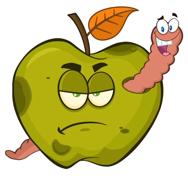Shnilé Zelené Jablečné Ovoce Listovou Kresbou Jednoduchý Design — Stockový vektor