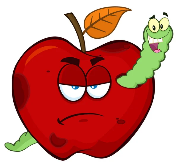 Verme Felice Brontolone Rotten Red Apple Frutta Cartone Animato Personaggi — Vettoriale Stock