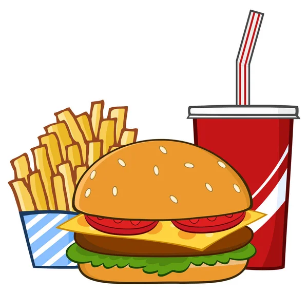 Fast Food Hamburger Drink French Fries Cartoon Drawing — стоковий вектор