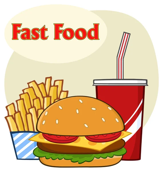 Fast Food Hamburger Drink French Fries Cartoon Drawing — Stock Vector