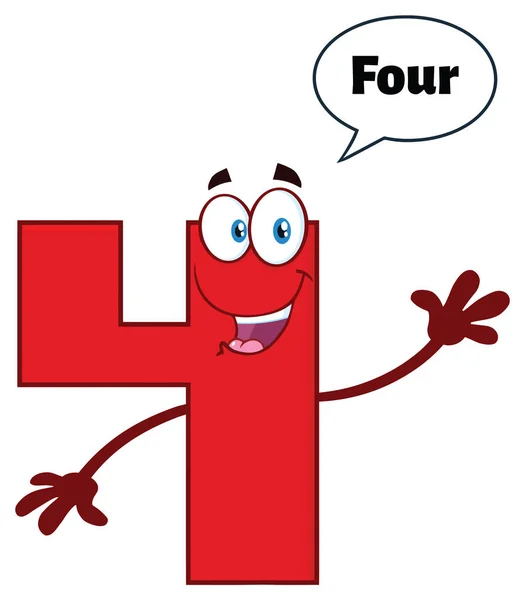 Happy Red Number Four Cartoon Maskot Charakter — Stockový vektor