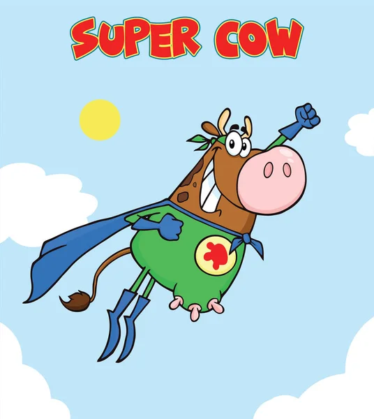 Brown Super Herói Vaca Cartoon Mascote Personagem Voando —  Vetores de Stock