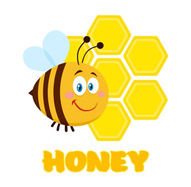 Clipart Illustration Happy Bumble Arı Çizgi Filmi Karakteri Metin Vektörü Resimli Bir Bal Tarağının Önünde Uçuyor