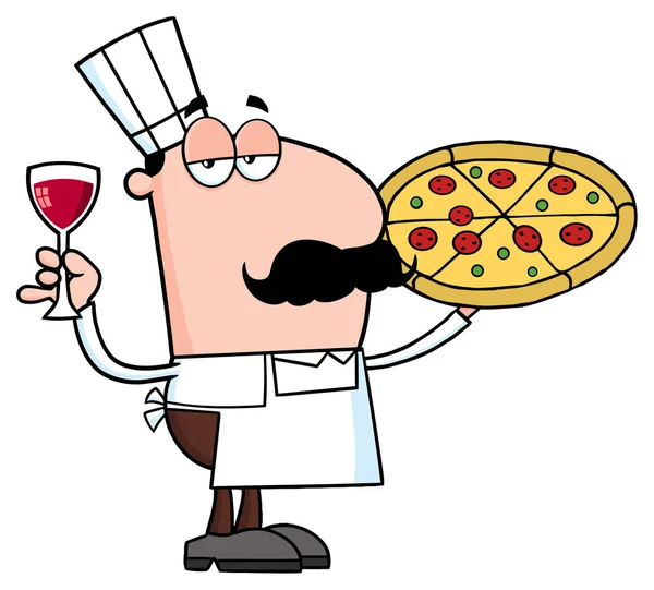Pizza Chef Kok Stripfiguur Met Een Glas Met Wijn Vector — Stockvector