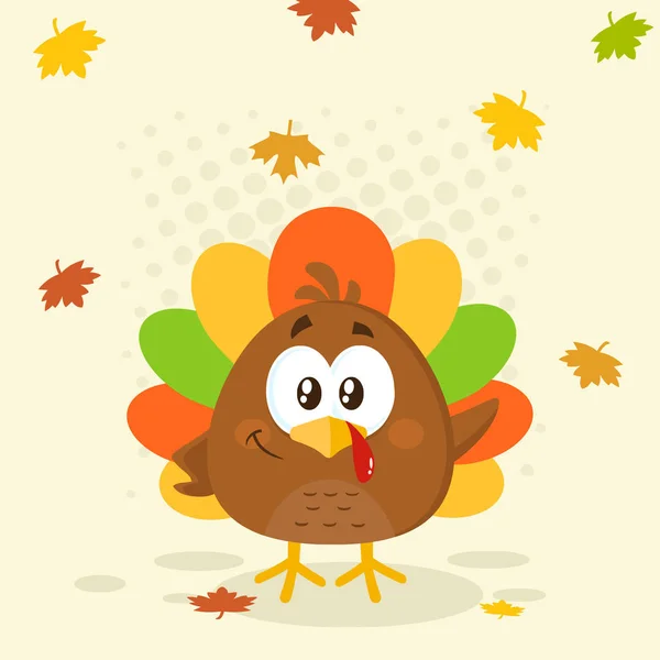 Clipart Ilustracja Cute Little Turkey Bird Falling Leaves Wektor Ilustracja — Wektor stockowy