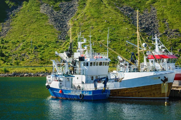 Vissersboten op de Lofoten in Noorwegen Stockfoto