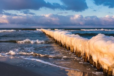 Kış zamanında Baltık Denizi kıyısında groyne