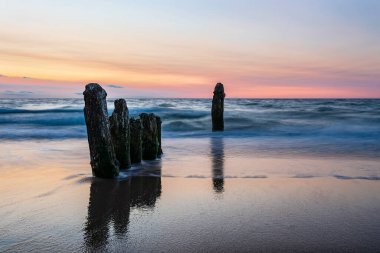 Groynes Kuehlungsborn, Almanya'da Baltık Denizi kıyısında.