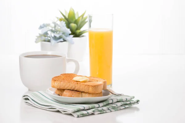Rostat bröd kaffe och Juice — Stockfoto