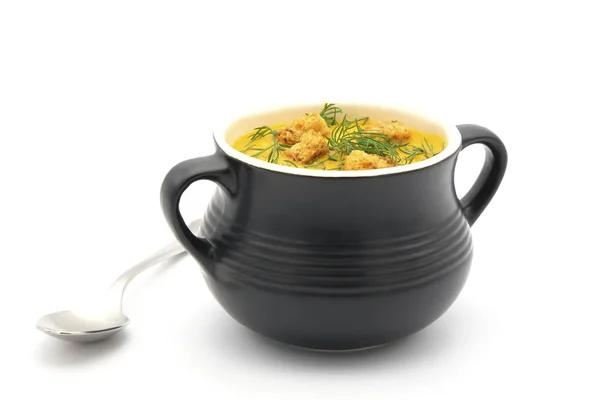 Zupa marchewkowa Black Bowl Zamknij — Zdjęcie stockowe