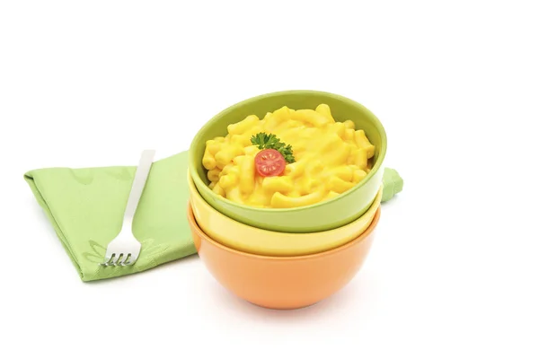 Bowl Creamy Macaroni Cheese Photographed White Background Copy Space — Stock Photo, Image