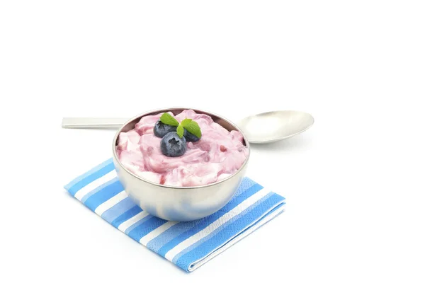 Bowl Blueberry Flavored Greek Yogurt Photographed White Background Ample Copy — Stock Photo, Image