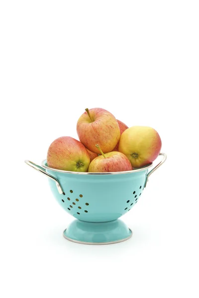 Pommes Gala Dans Bol Métal Bleu Passoire Photographiée Sur Fond — Photo