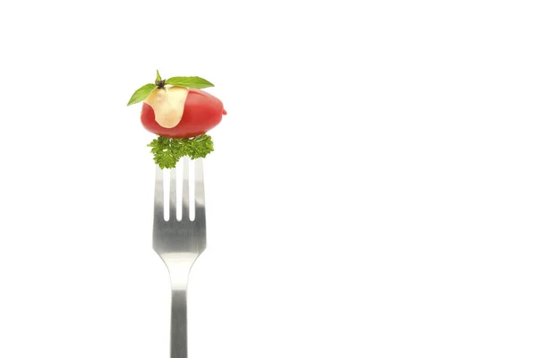 Mini Grape Tomato Speared Fork Topped Thai Basil White Background Royalty Free Stock Images