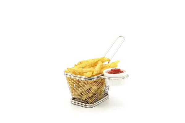 Nykokta Pommes Frites Eller Chips Fritös Korg Fotograferad Vit Bakgrund — Stockfoto