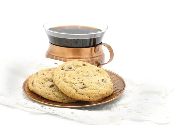 Fresh Baked Homemade Chocolate Chip Cookies Hot Coffee White Background — Stock Photo, Image