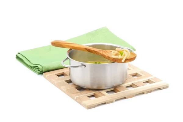 Pot Delicious Chicken Noodle Soup Photographed White Background Ample Copy — Stock Photo, Image
