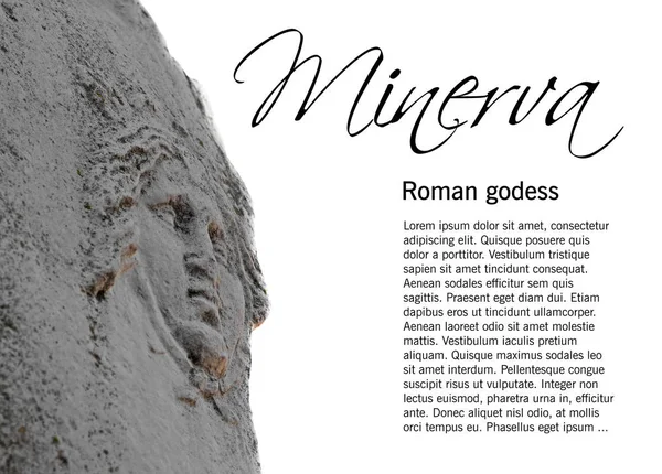 Schild Auf Statue Der Römischen Göttin Minerva Isoliert Auf Weiß — Stockfoto