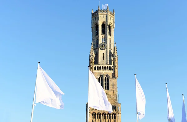 White Flags Solidarity Top Front Belfry Tower Market Square Bruges — Stock Photo, Image