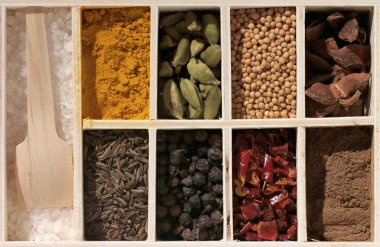 baharat ve otlar beyaz kutusunda. kavramsal Üstten Görünüm