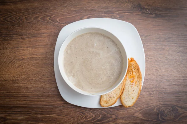 Mushroom cream soup on wooden board. — Stock Image Mushroom Cream Soup Wooden Board Stock Picture