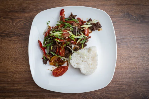 Carne Picante Con Verduras Arroz Comida Estilo Asiático — Foto de Stock