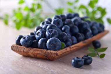 ahşap tabak içinde yeşil yaprakları ile yaban mersini 