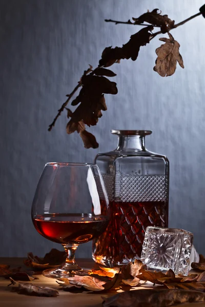 Snifter di brandy e foglie di quercia secca — Foto Stock