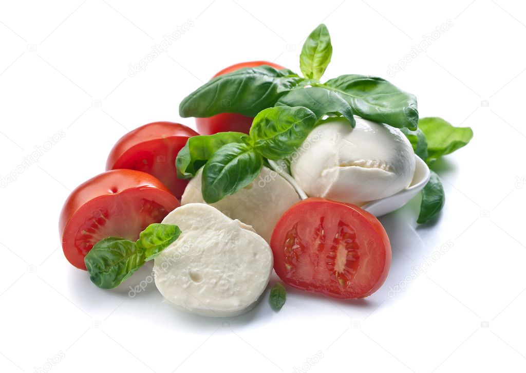  mozzarella with tomato and basil isolated on white 