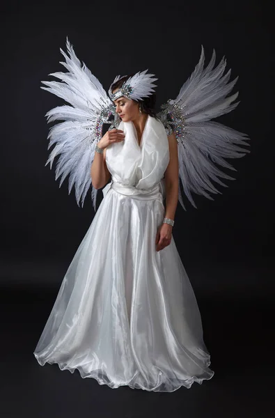 Joven hermosa mujer en traje de ángel con alas, feath natural — Foto de Stock