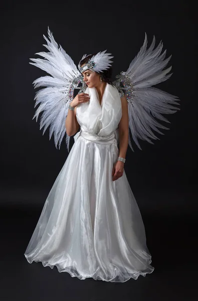 Jovem mulher bonita em traje de anjo com asas, feath natural — Fotografia de Stock