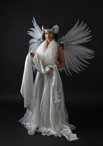 Jovem mulher bonita em traje de anjo com asas, feath natural — Fotografia de Stock