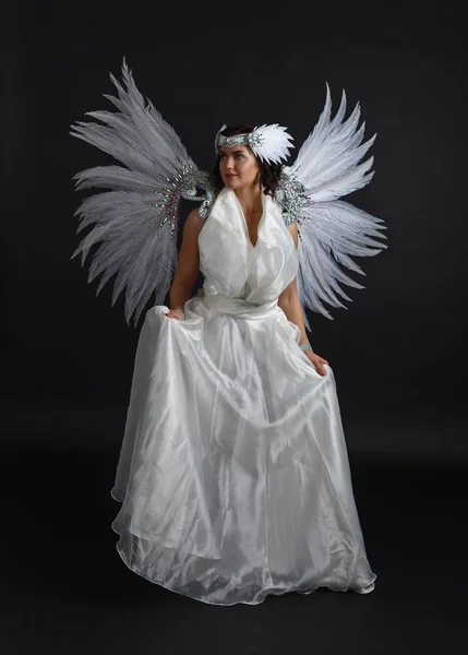 年轻漂亮的女人，在天使服装与翅膀，自然 feath — 图库照片