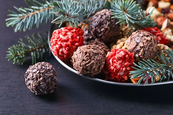 Bonbons maison au chocolat, noix et fraises séchées — Photo