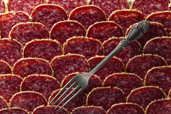Old fork and salami sausage slices — Stock Photo, Image
