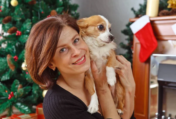 Mulher de meia-idade com cão no quarto com decorações de Natal — Fotografia de Stock