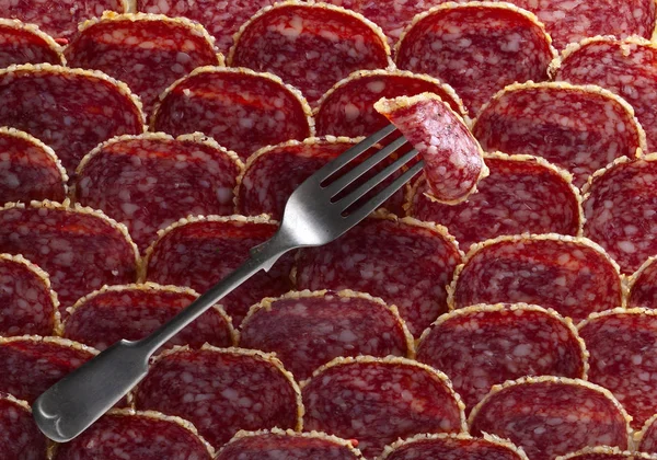 Old fork and salami sausage slices — Stock Photo, Image