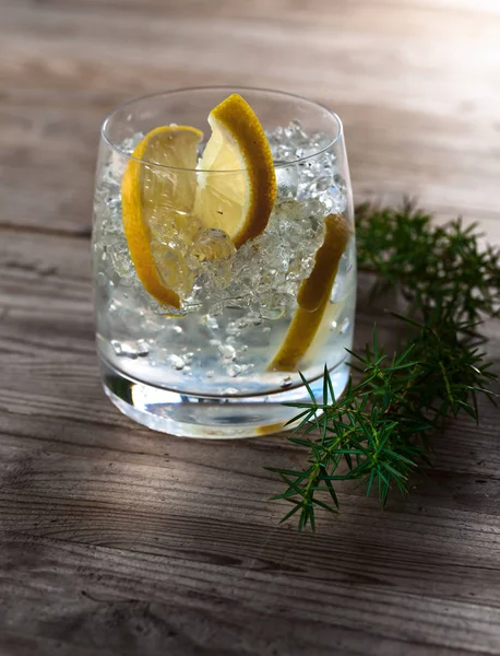 Gin mit Zitrone, Wacholder und Eis — Stockfoto