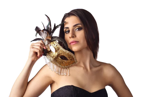 Bella donna con maschera carnevale d'oro isolato su sfondo biancogr — Foto Stock