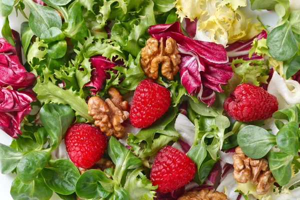 Gröna veganska sallad med hallon och nötter — Stockfoto