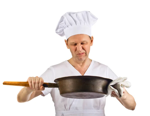 Cozinhe com panela isolada em branco — Fotografia de Stock