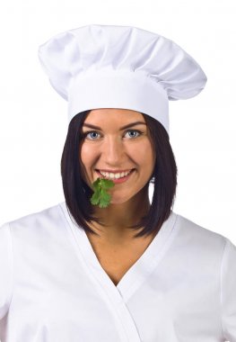 genç kadın üzerinde beyaz izole maydanoz ile üniforma şef 