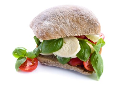 Mozzarella peyniri, domates ve fesleğen beyaz izole ciabatta 