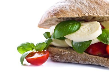 Mozzarella peyniri, domates ve fesleğen beyaz izole ciabatta 