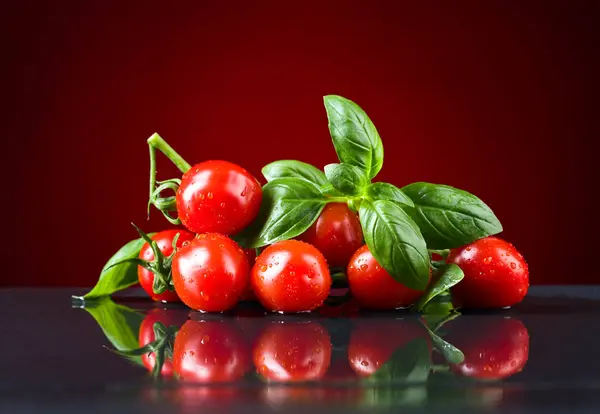 Røde små tomater med grøn basilikum på sort bord . - Stock-foto