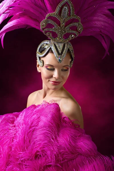 Beautiful Girl in carnival costume with pink feathers. — Stock Photo, Image