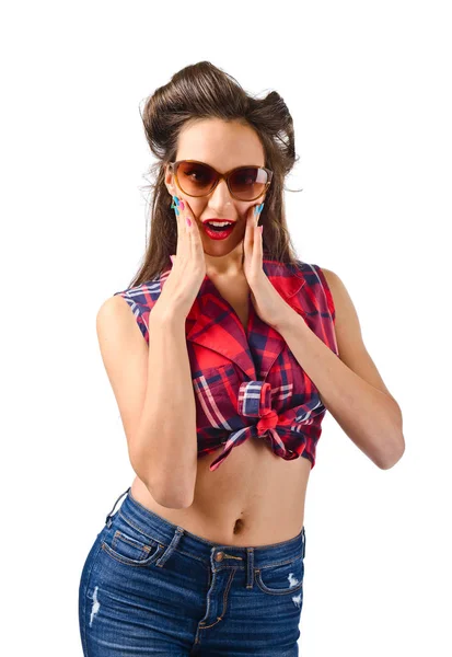 Beauty surprised young fashion model girl in sunglasses — Stock Photo, Image