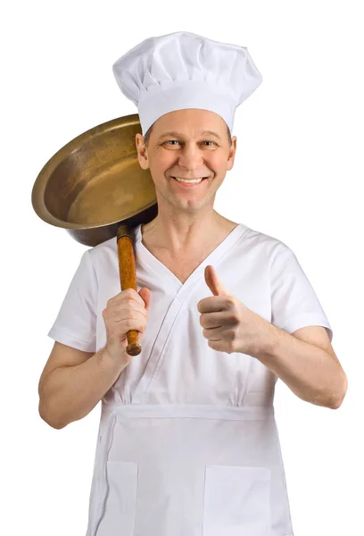 Chef with a large copper pan on white — Stock Photo, Image