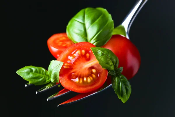 Rodajas de tomate y albahaca verde — Foto de Stock